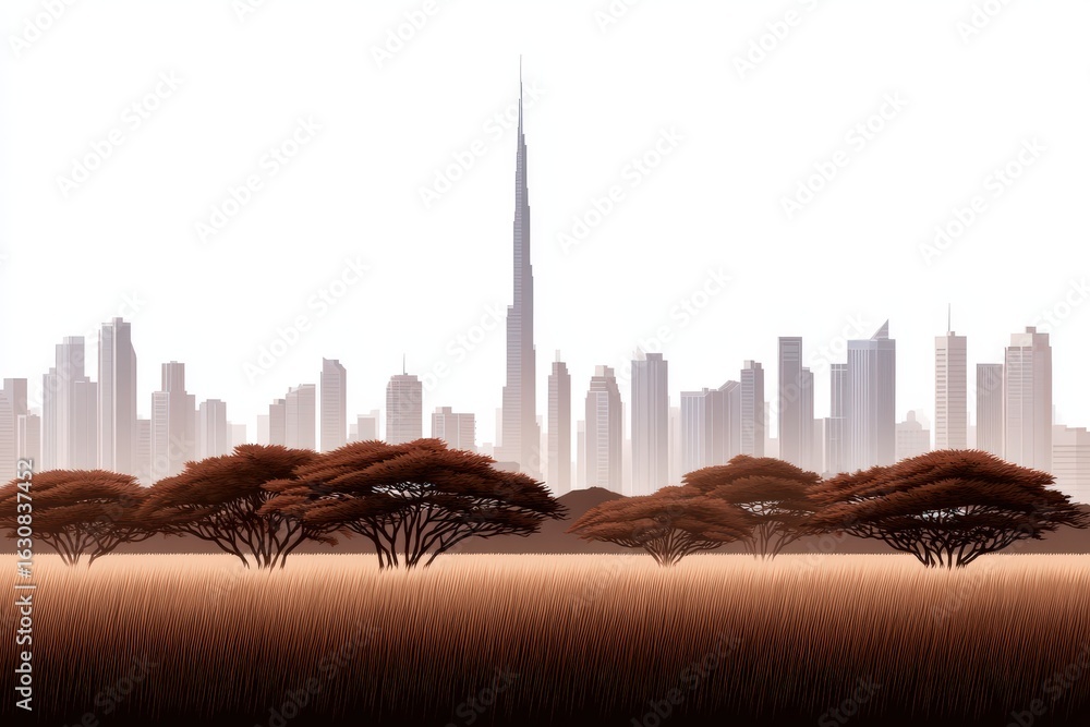 Poster expansive skyline blending urban architecture and natural elements showcasing harmony between techno