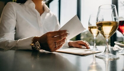 Woman reading menu at wine bar