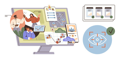 Desktop screen with project roadmap, team collaboration images, task cards, and analytics icons. Ideal for teamwork, productivity, workflow, remote work, project planning goal setting simple flat