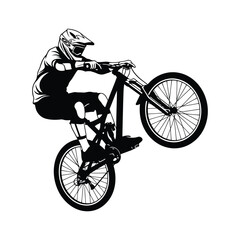 Naklejka premium Vector art of silhouette of a mountain biker performing a wheelie isolated on white background