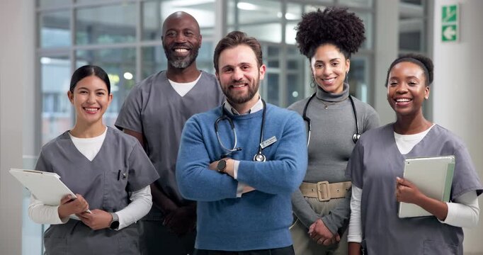 Happy doctor, face and confidence with medical team or admin staff for healthcare service in clinic. Portrait, group or health professional with arms crossed or smile for nurse internship in hospital