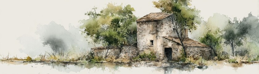 A serene watercolor depicting a rustic house surrounded by lush greenery and reflected in calm waters.