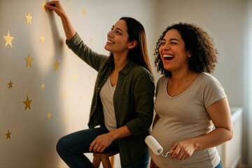 Lesbian Couple Pregnant Woman and Wife Decorating Nursery with Star Stickers and Paint Roller in Cheerful Atmosphere