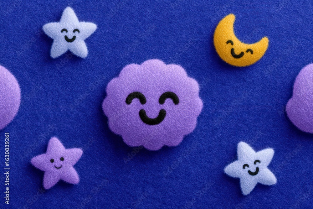 Aufkleber playful felt illustrations of happy stars and smiling cloud characters on a deep blue background dep