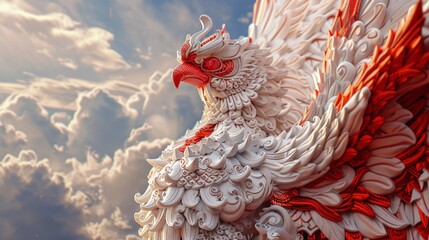 Majestic phoenix rising with red and white feathers against a dramatic, cloudy sky