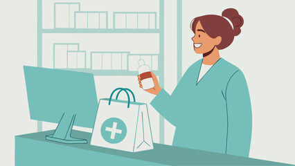 Friendly Pharmacist Holding Product at Counter.