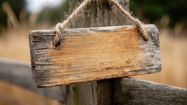 Aged wooden sign hanging from a post.