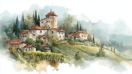 Obraz premium A picturesque watercolor painting of a hillside village with charming houses, vineyards, and cypress trees set against a serene landscape.