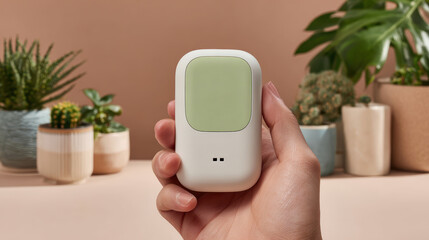 Hand holding smart home device for eco automation. conscious choice for modern living with technology and background plants