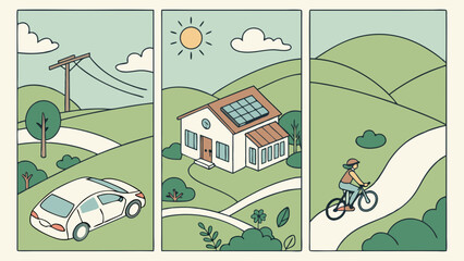 Naklejka premium Rural Landscape with Sustainable Home and Outdoor Activities.