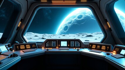 Spaceship cockpit view of moon surface and planet