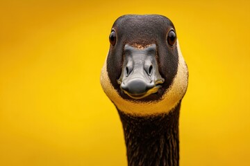 Close-Up Portrait of a Canada Goose Against a Vibrant Yellow Background