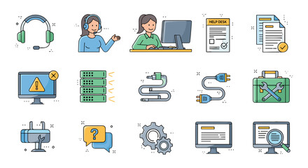 Illustration of technical support icons including headset, computer, and tools for assistance