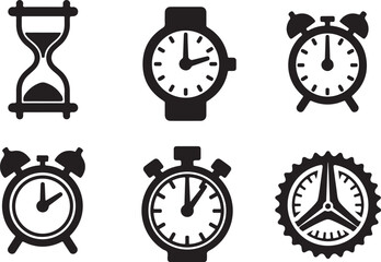 Timeless icons: Hourglass, watches, stopwatch, gear.