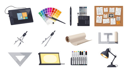 Illustration of a graphic tablet, color palette, drawing tools, and drafting and design supplies