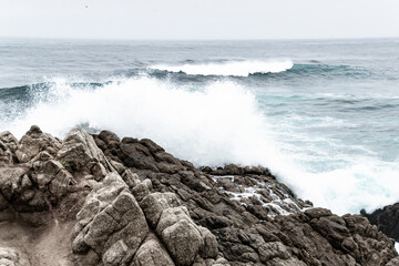 Wave Crashes Along Rocky Cliff in Pebble Beach, CA Foggy Day