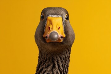 Close-Up Portrait of a Greylag Goose Against a Vibrant Yellow Background