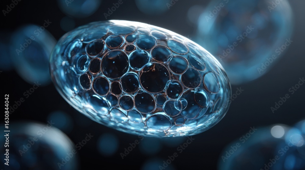 Poster a clear view of a microcapsule filled with healing agents illuminated against a dark background high