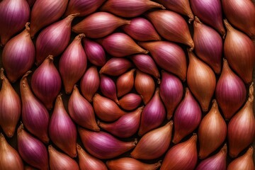 Elegant purple shallot bulbs arranged in artistic spiral pattern with delicate translucent layers visible