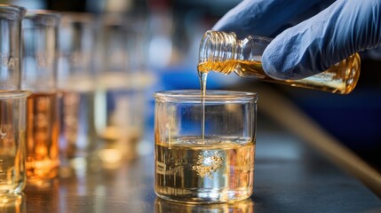 Pouring Amber Liquid into Beaker in Laboratory Setting