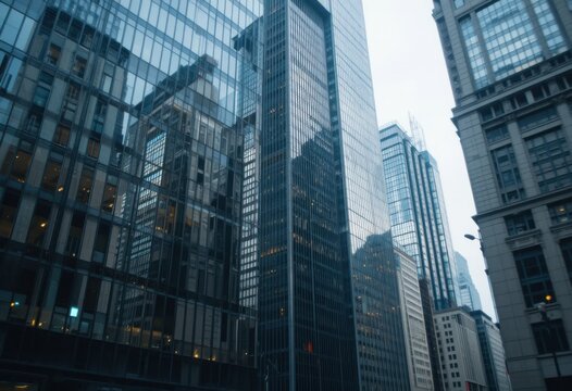 Reflejos de rascacielos en las ventanas de vidrio de los edificios cercanos, que simbolizan la sinergia urbana y la interacci&oacute;n arquitect&oacute;nica