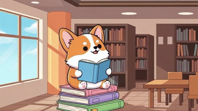 Adorable Corgi Reading Books in a Cozy Library Setting