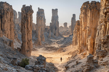 Fototapeta premium A Mars-like landscape in Chad's Ennedi Desert, with towering rock formations and a single lone traveler exploring the alien-looking terrain