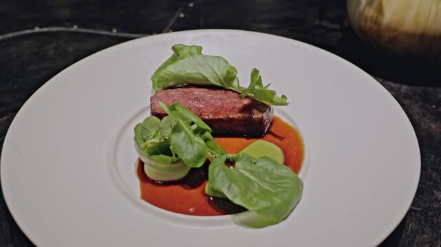 seared slice of Blackmore Wagyu beef is served with leafy greens and a rich jus on a white ceramic plate. highlight the marbling and tenderness of the beef, elegantly plated in a fine dining setting.