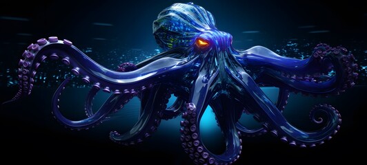 The black background contrasts sharply with the bright blue silver light emitted by shark kraken ,generative AI