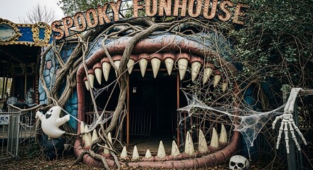 The spooky funhouse awaits with its monstrous mouth entrance and eerie decorations for a scary halloween attraction