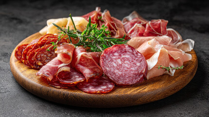 Wooden round platter with various types of cured meats, including salami, prosciutto, and chorizo, garnished with fresh herbs, creates delightful