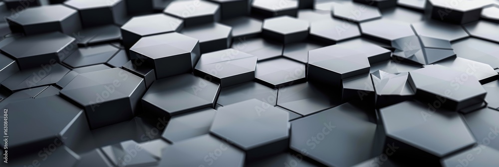 Poster abstract and geometric hexagonal shapes in shades of grey creating a futuristic design.