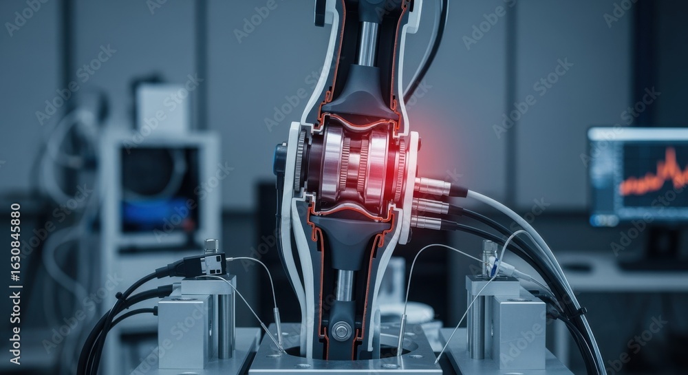 Poster crosssectional visual of an exoskeleton joint system under fatigue stress evaluation highlighting in
