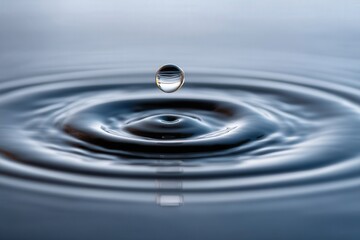 A crystal clear water droplet creating ripples in a serene pool of water reflecting soft light encapsulating tranquility and the essence of liquid elegance captured with clarity