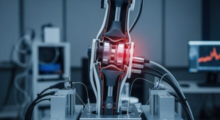 Crosssectional visual of an exoskeleton joint system under fatigue stress evaluation highlighting internal structural components on a lab test stand.
