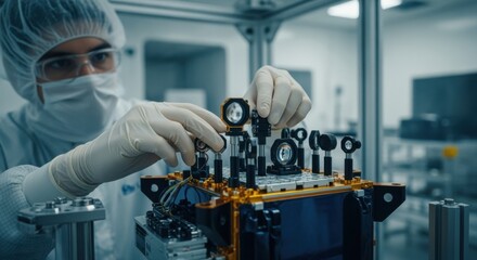 Highresolution image of a researcher wearing cleanroom gloves adjusting quantum optics on a satellite payload under a controlled atmosphere.