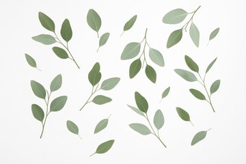 Graceful eucalyptus leaves floating and spinning in slow motion against clean white studio background