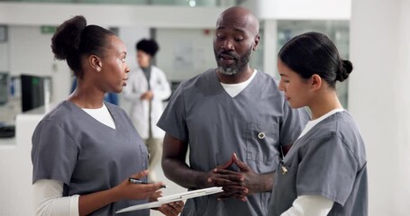 People, medical team or discussion with clipboard for administration, tasks or clinic schedule. Nurse, group or healthcare workers with document for patient history, results or delegation in hospital