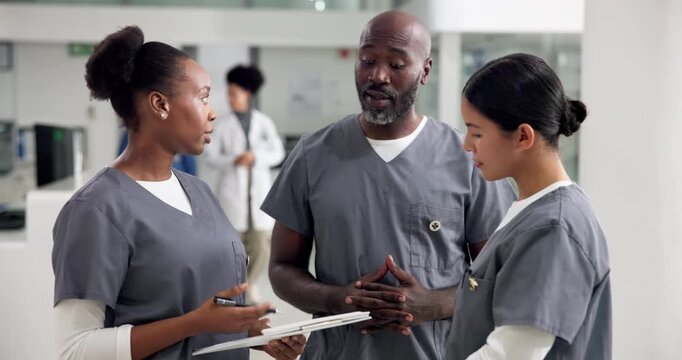 People, medical team or discussion with clipboard for administration, tasks or clinic schedule. Nurse, group or healthcare workers with document for patient history, results or delegation in hospital