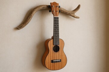 Handcrafted ukulele suspended on curved driftwood wall mount creating artistic musical instrument display