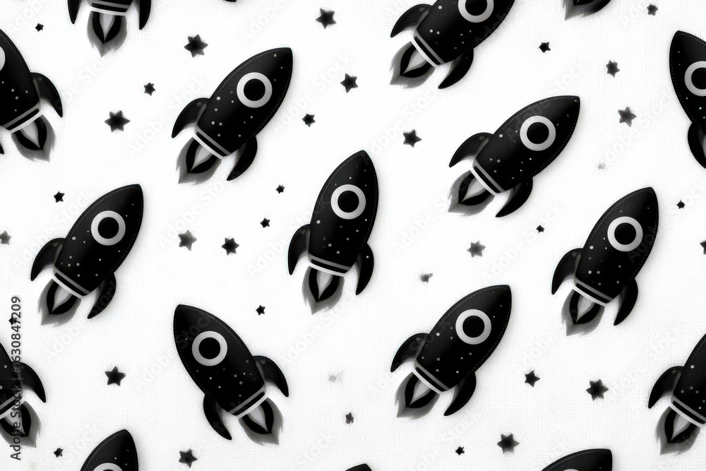 Poster playful black rockets soaring across a whimsical white backdrop filled with tiny stars creating a un