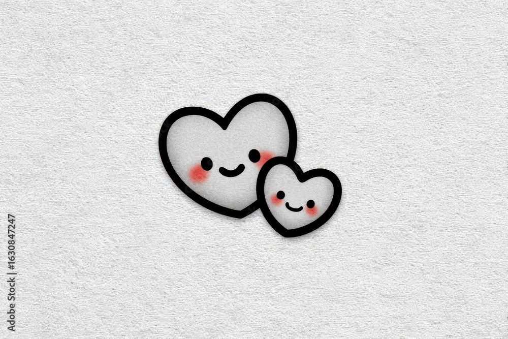 Poster whimsical illustration of two smiling hearts expressing warmth and affection set against a textured,