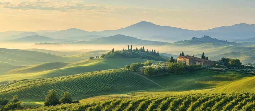 Rolling Green Hills with Farmhouse at Misty Sunrise