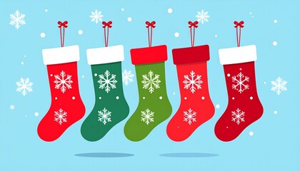 A festive row of red and green Christmas stockings with snowflake patterns hanging against a snowy blue background.