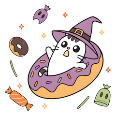SVG art: A Surprised Cat in a Halloween vibe with inside a donut float, tinted with Spooky Fun tones