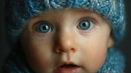 Adorable Baby with Stunning Blue Eyes Wearing a Knitted Hat