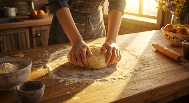 Kneading dough in sunlit rustic kitchen for homemade bread or pastry perfection, a warm and inviting scene for baking enthusiasts and food bloggers