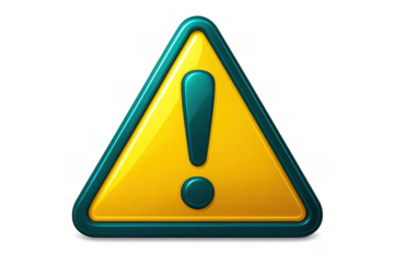 Warning sign featuring yellow triangular shape, bold exclamation point, teal border on transparent background signaling potential hazard