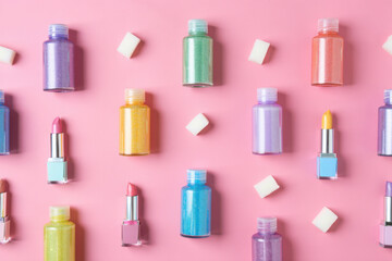 Obraz premium Aesthetic arrangement of colorful cosmetic products and makeup on a pink background
