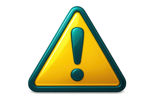 Warning sign featuring yellow triangular shape, bold exclamation point, teal border on transparent background signaling potential hazard